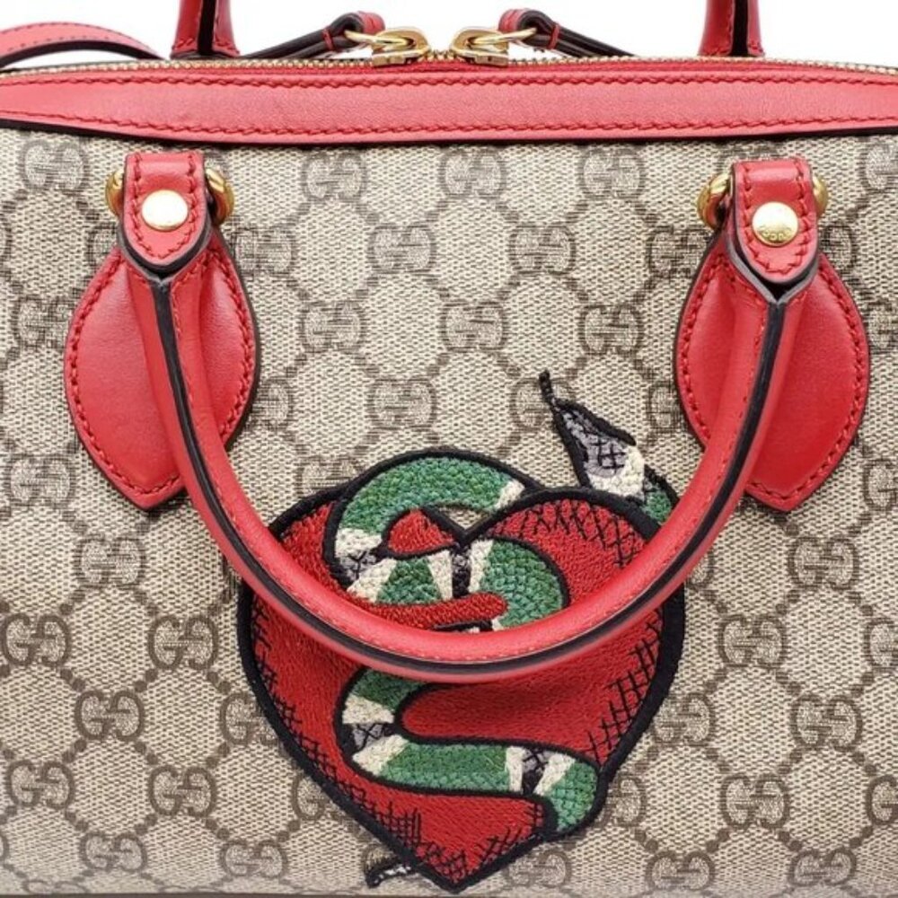 Authentic Gucci GG Supreme Tian Heart Snake Boston Bag Red Leather Crossbody - Picture 7 of 13
